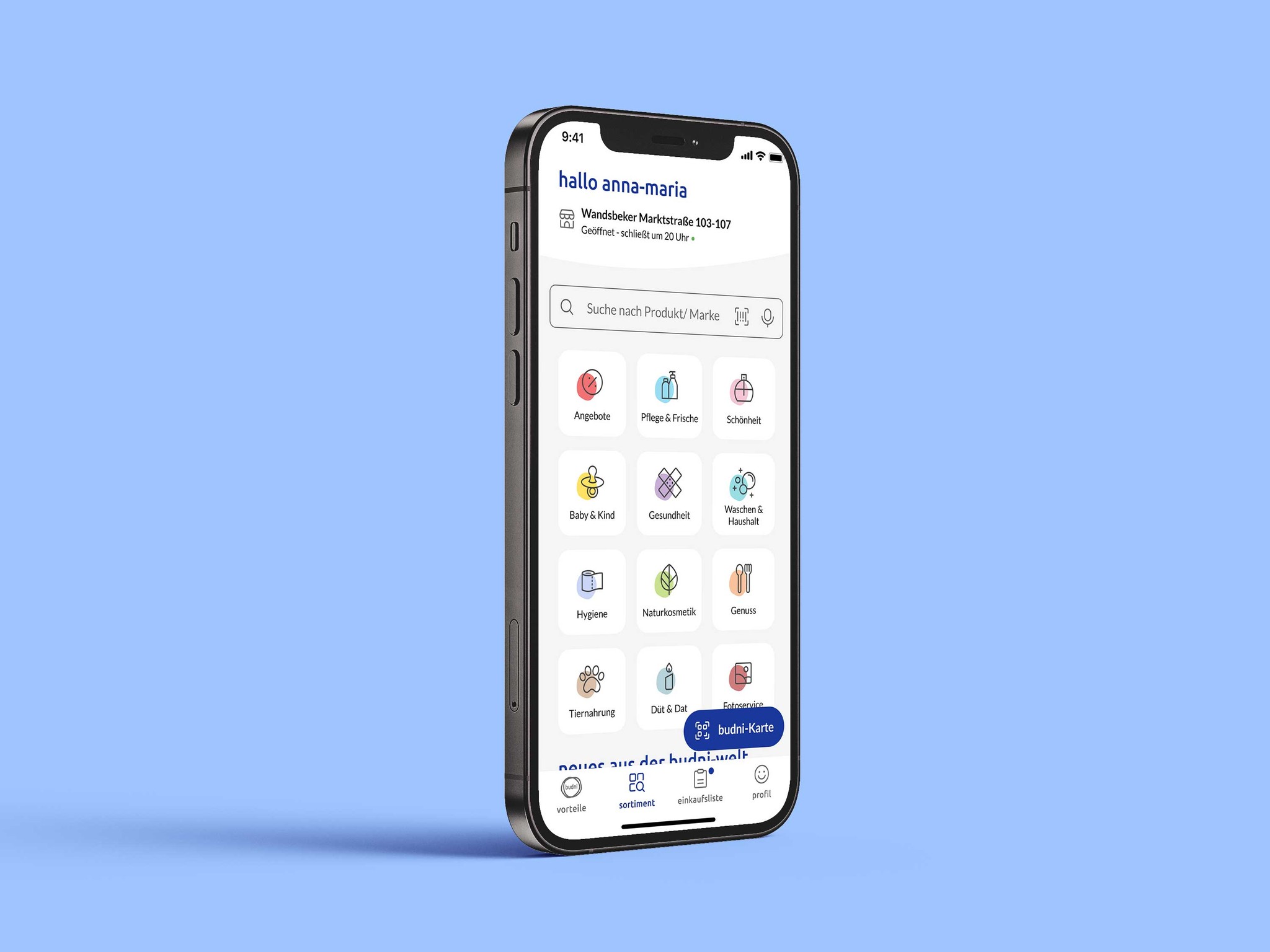 Smartphone mit budni-app Screen