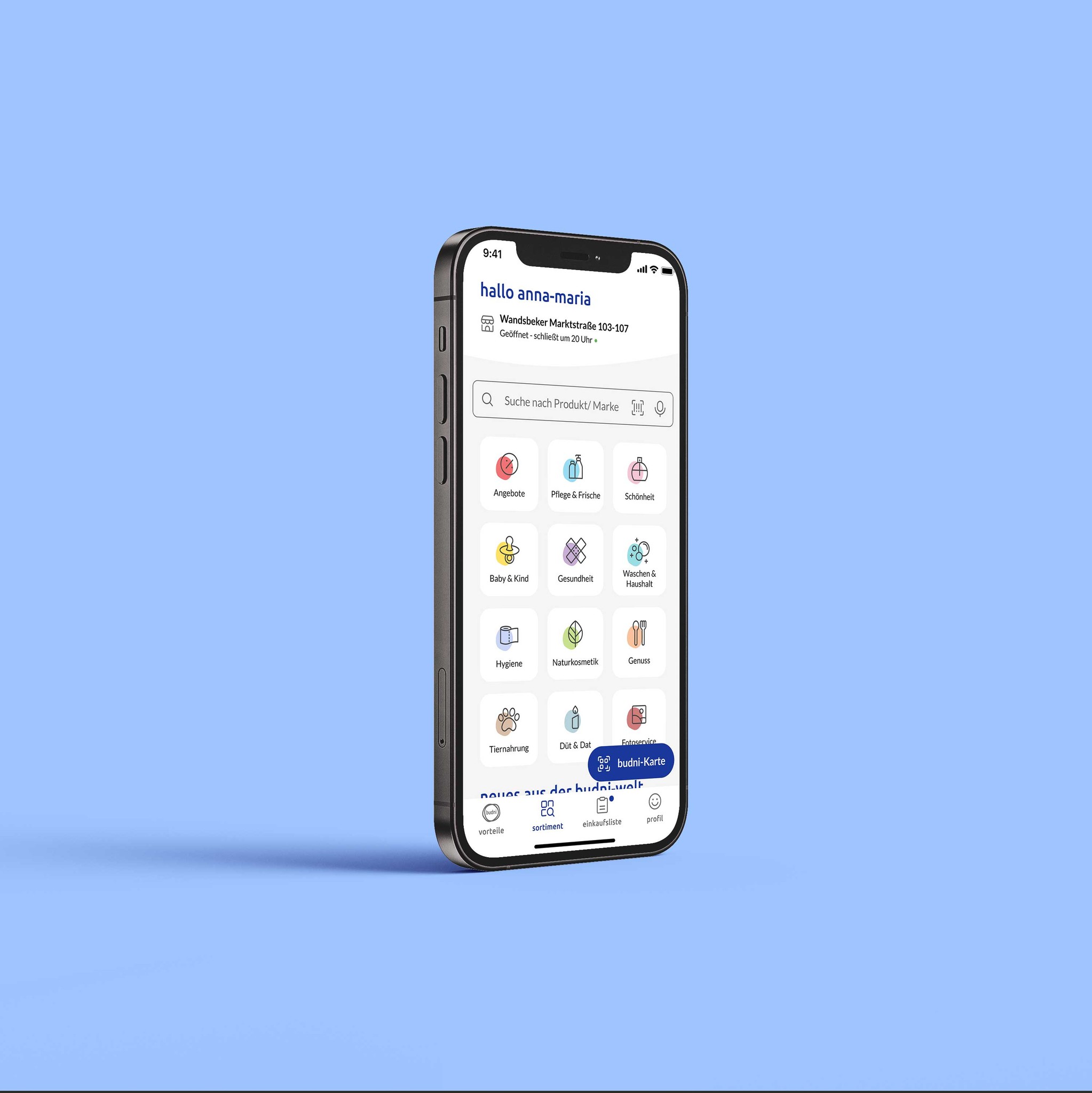 Smartphone-Mockup mit Bild vom budni-Sortiment